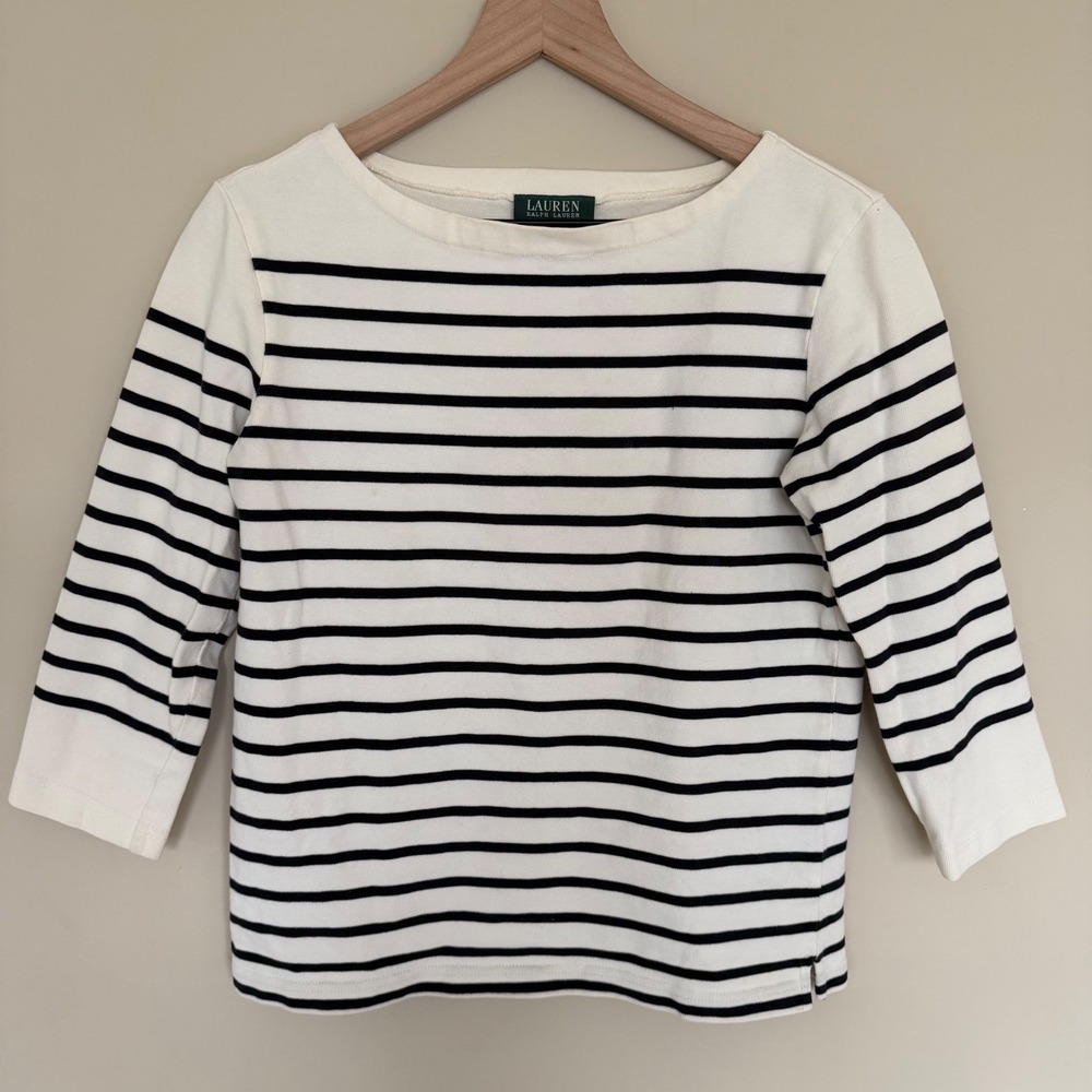 Lauren Ralph Lauren Boat Neck Striped Mariner Tee S Navy/Ivory Nautical NEW!